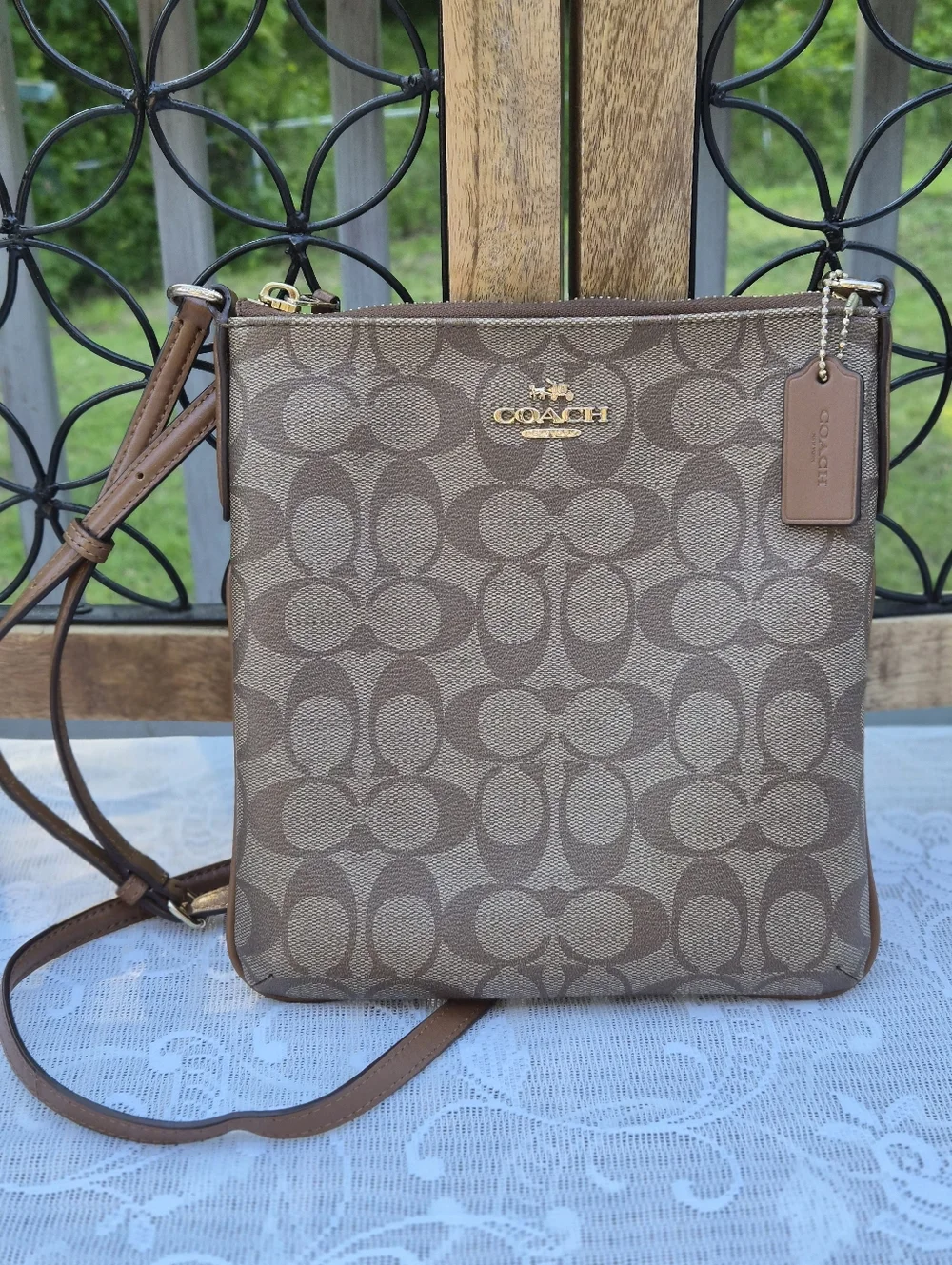 Coach Brown Signature Coated Canvas Crossbody With Leather Trim